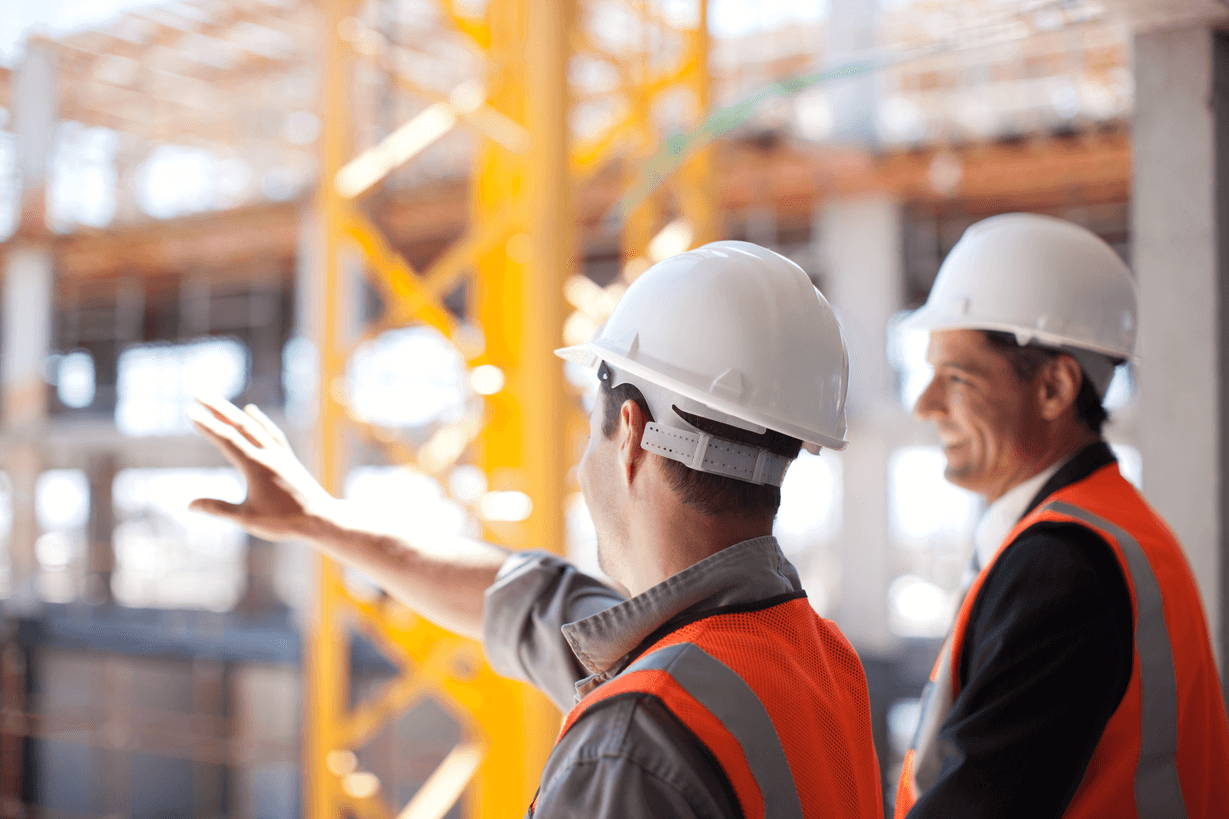 White construction helmets worn at a building site