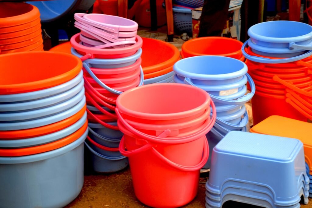 A range of colourful injection-moulded plastic buckets