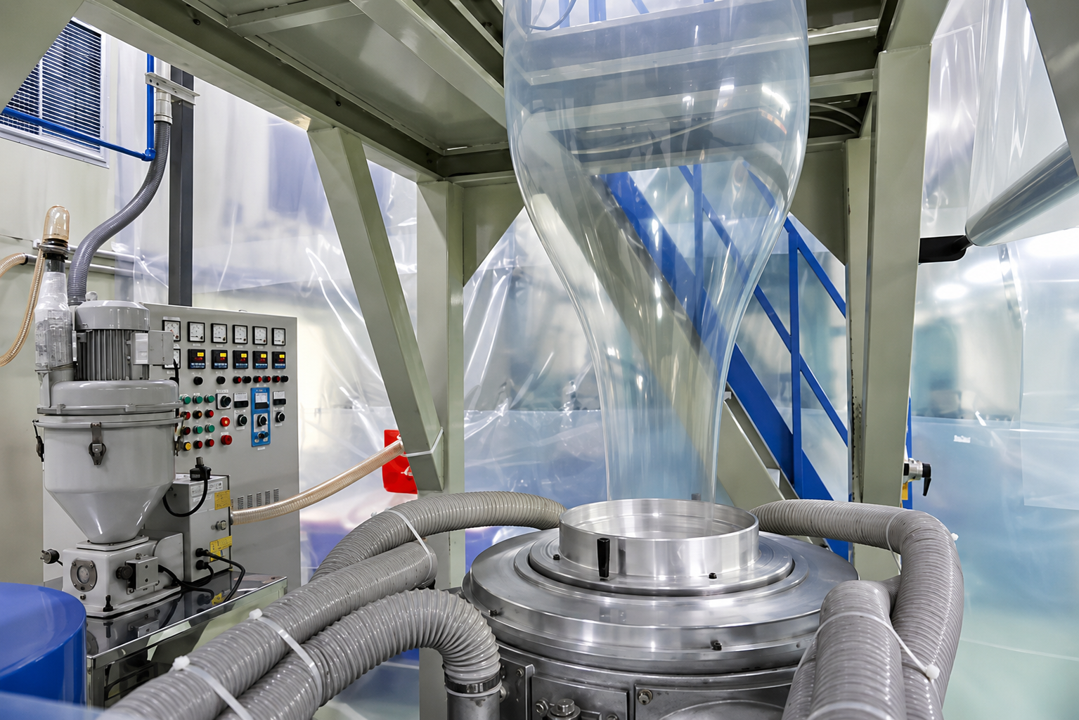 Blown film extrusion plant producing transparent film