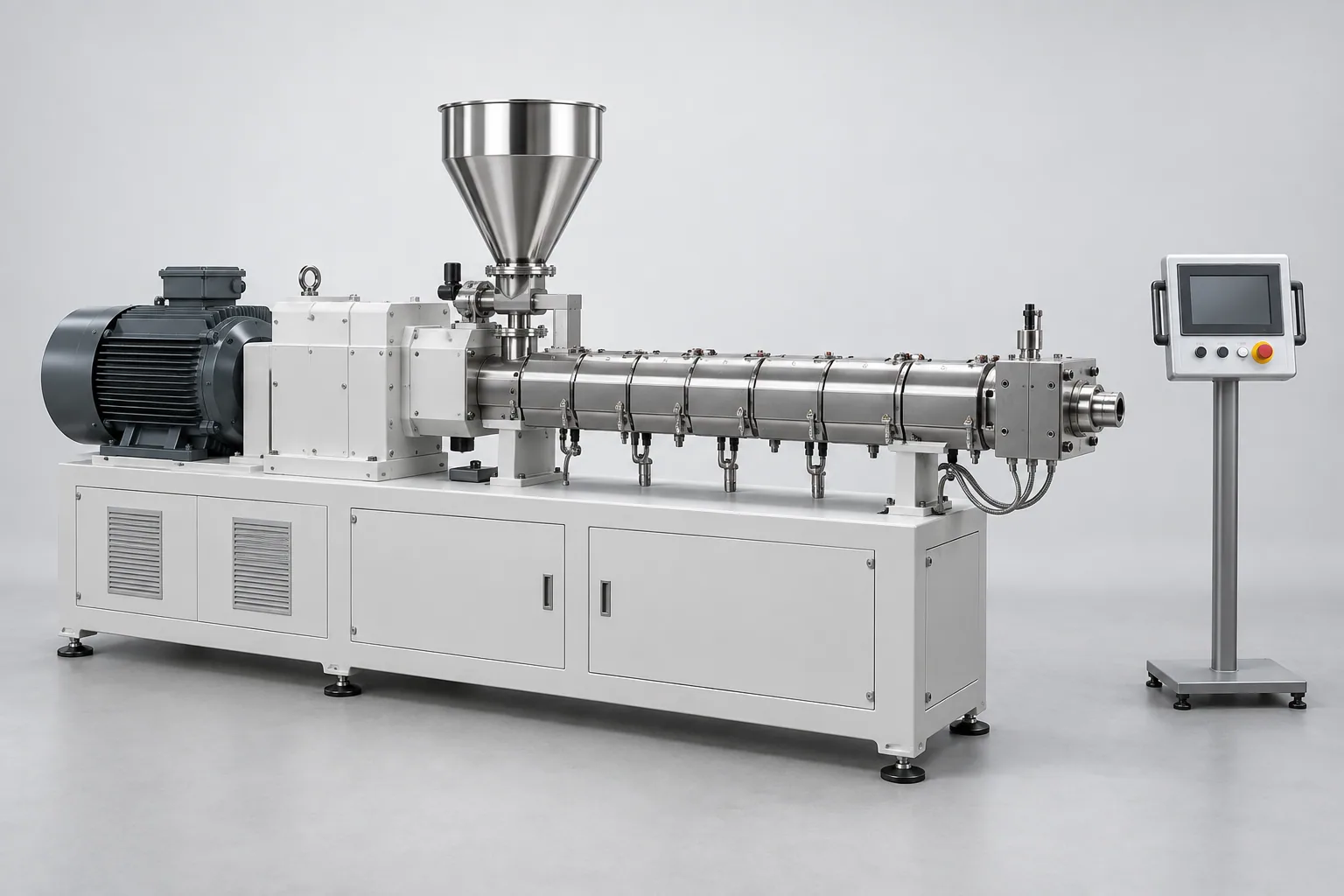 Twin-screw compounding extruder — AI-generated representative illustration