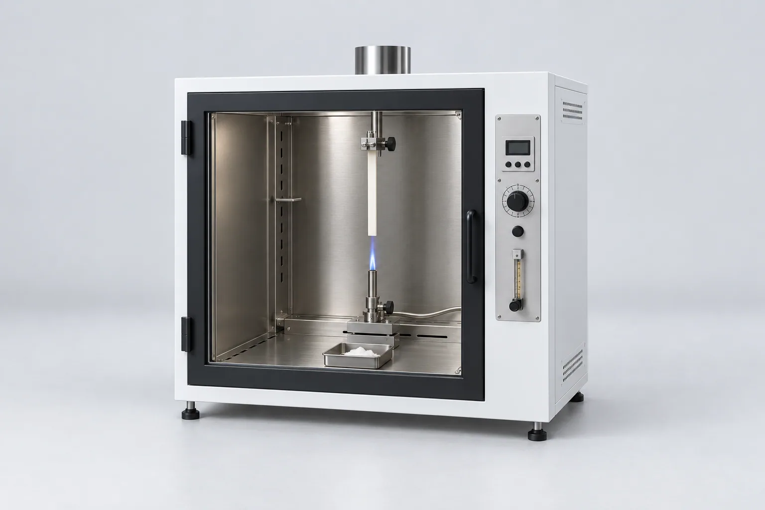 UL 94 flammability testing chamber — AI-generated representative illustration