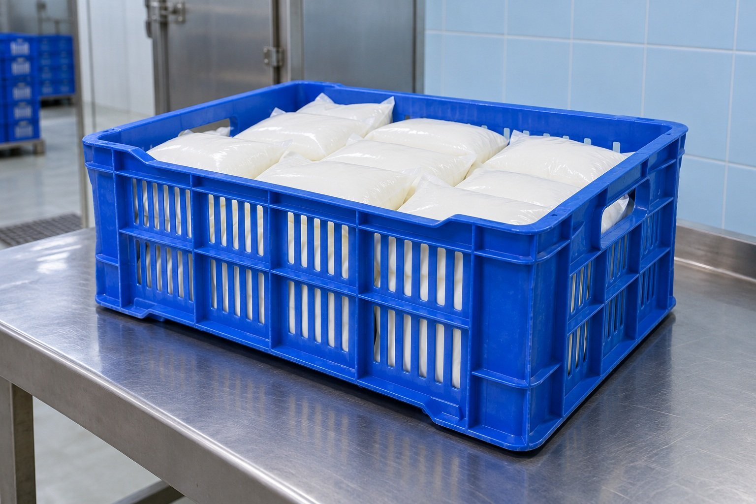 Dairy Crates filled with goods in their working environment
