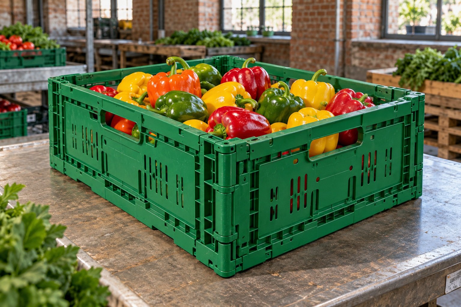 Foldable / Collapsible Crates filled with goods in an application setting