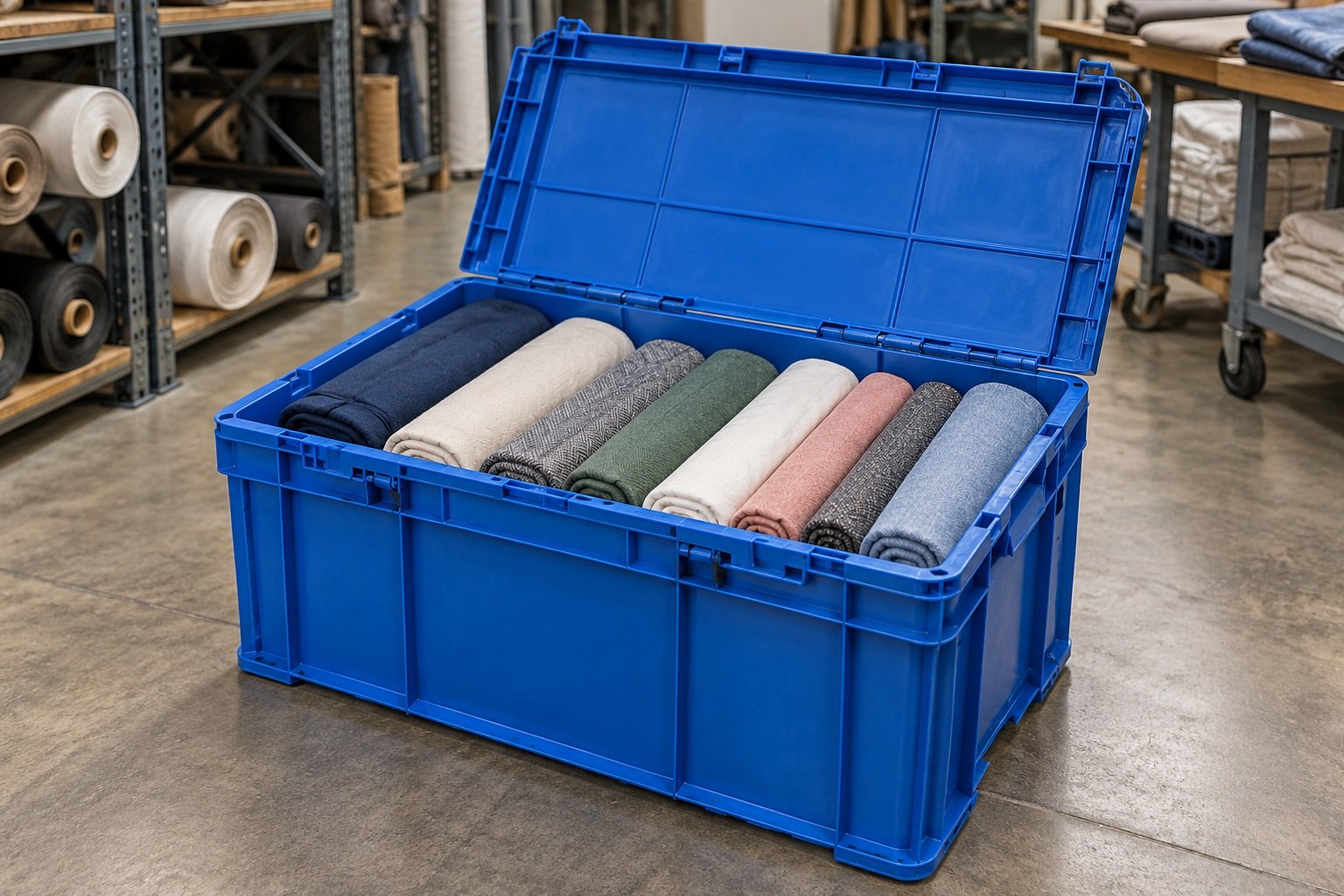 Lidded Crates filled with goods in an application setting
