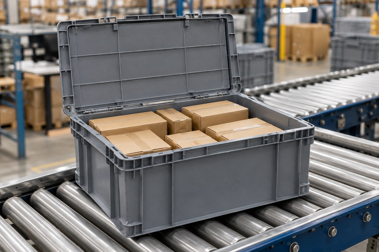 Logistics Crates filled with goods in their working environment