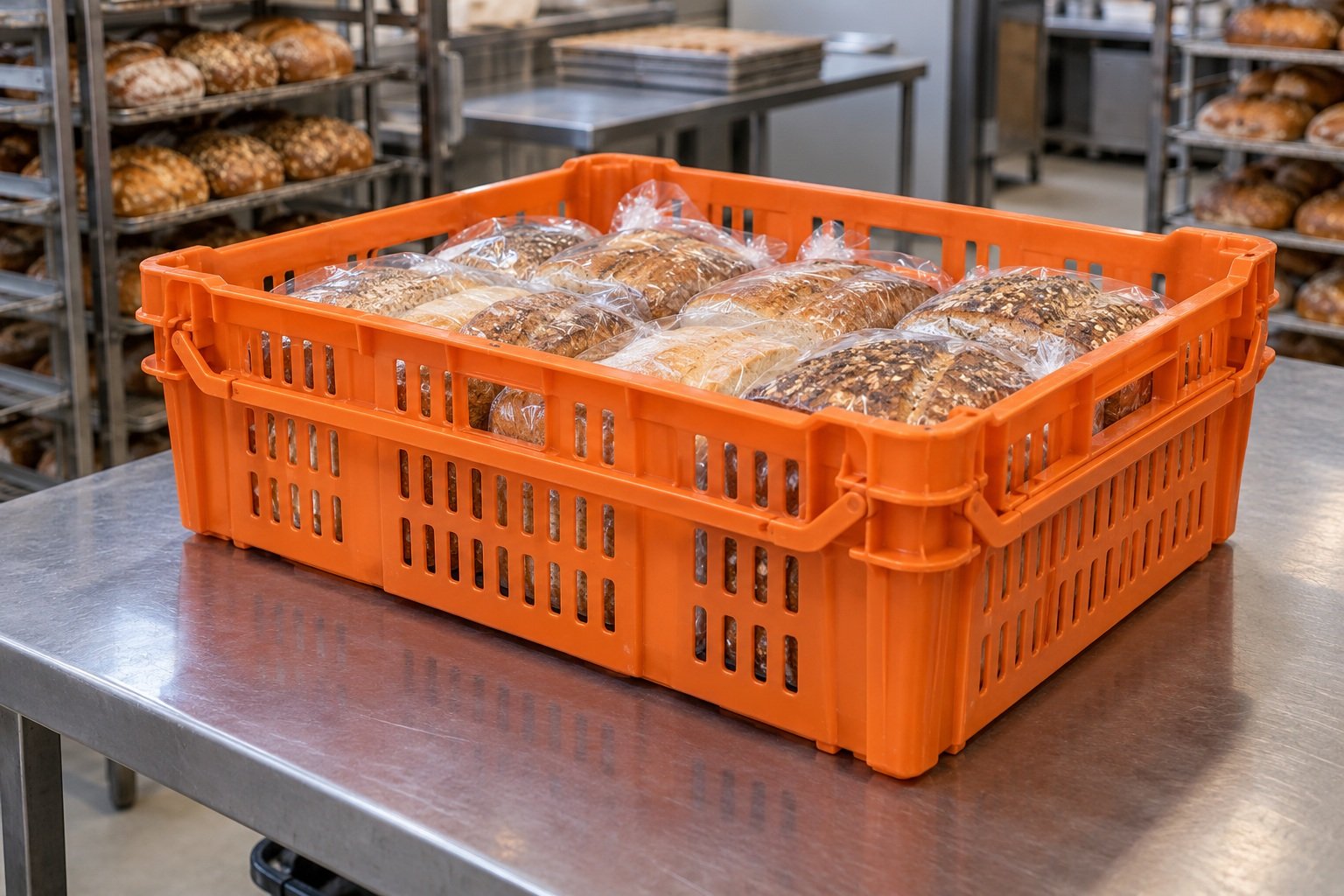 Stack-and-Nest Crates filled with goods in an application setting