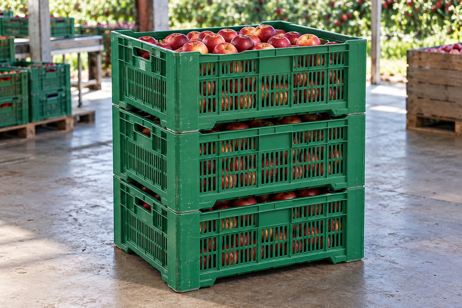 Stackable Crates filled with goods in an application setting